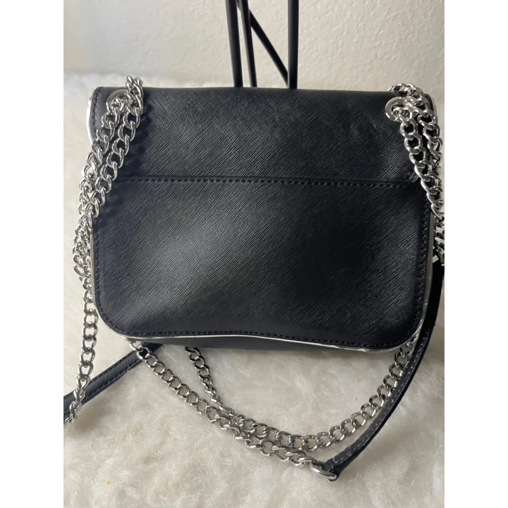 Michael Kors Sloan Specchio Shoulder Flap Bag Black Saffiano Leather Silver Trim